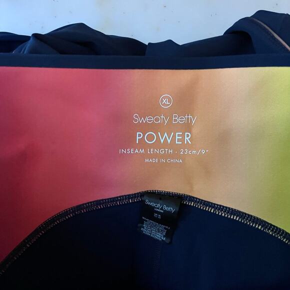 Sweaty Betty Power 9” Biker Shorts Navy Blue Rainbow Trim Pocket XL High Waist - Picture 7 of 8